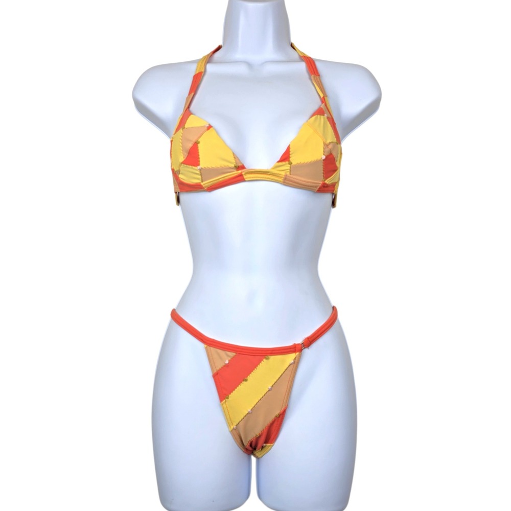 Rosa Cha Womens Orange Yellow Patchwork Embroidered Bikini Swimsuit Set Size S